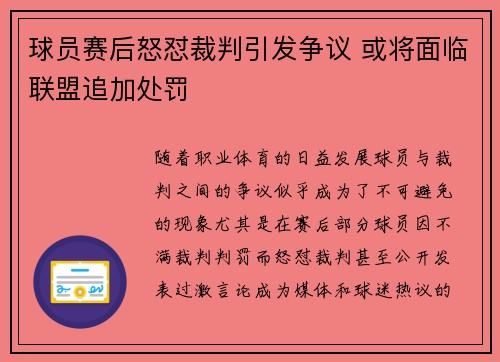 球员赛后怒怼裁判引发争议 或将面临联盟追加处罚