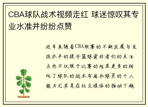 CBA球队战术视频走红 球迷惊叹其专业水准并纷纷点赞