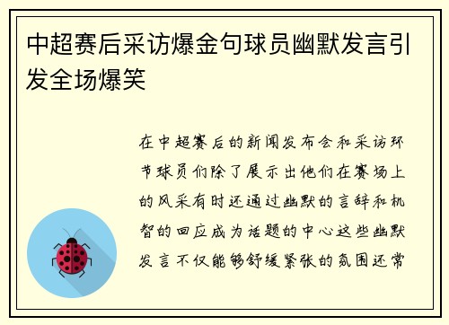 中超赛后采访爆金句球员幽默发言引发全场爆笑